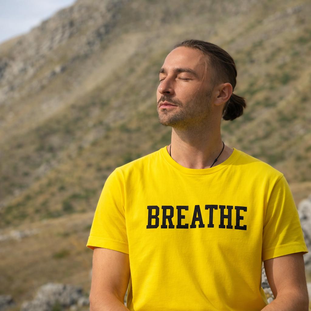 Feodor breathing outdoors in the mountains.